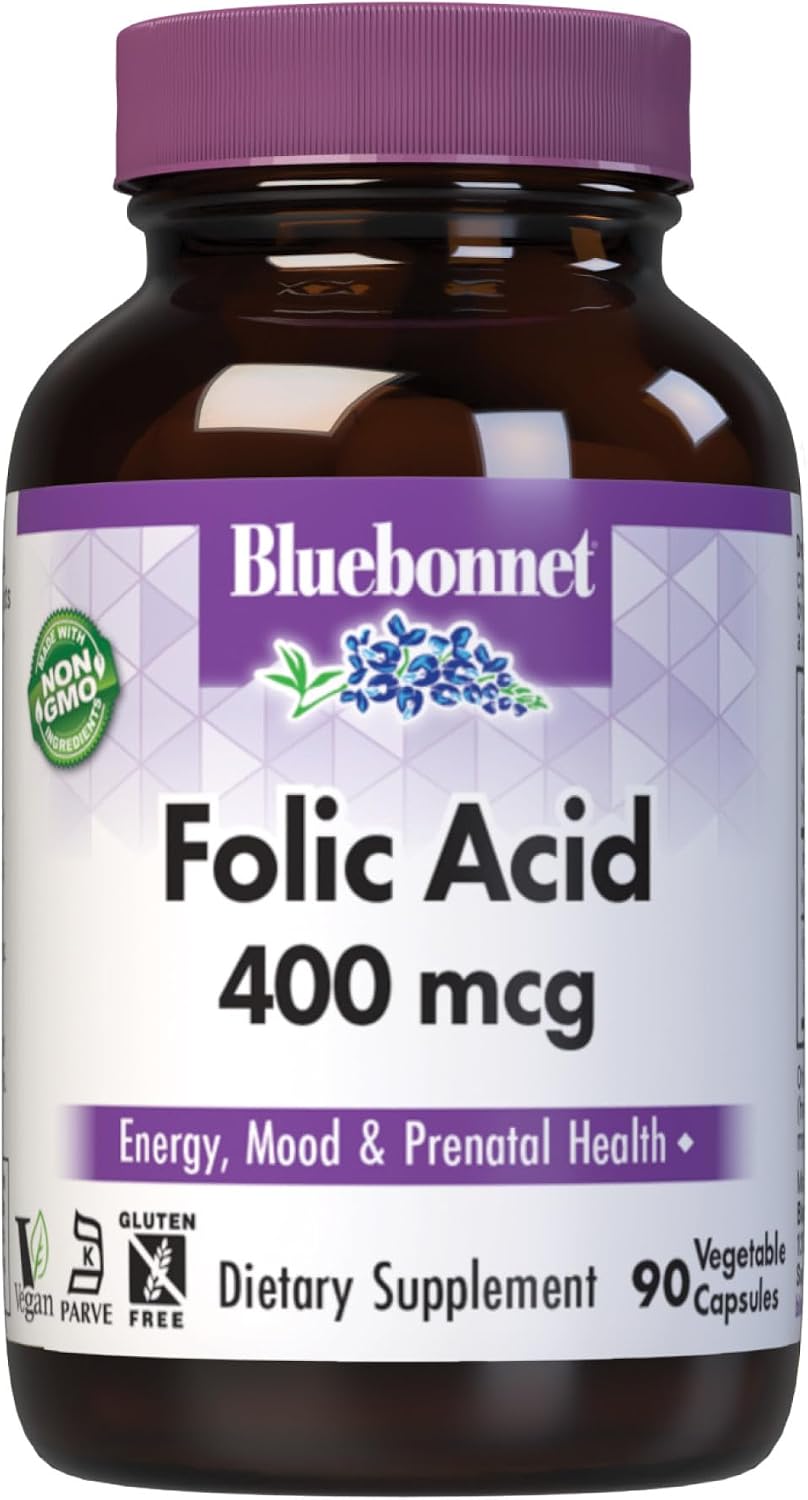 Bluebonnet Nutrition Folic Acid 400 mcg, Prenatal and Postnatal Health, Non-GMO, Vegan, Kosher Certified, Gluten-Free, Soy-Free, Dairy-Free, 90 Vegetable Capsules
