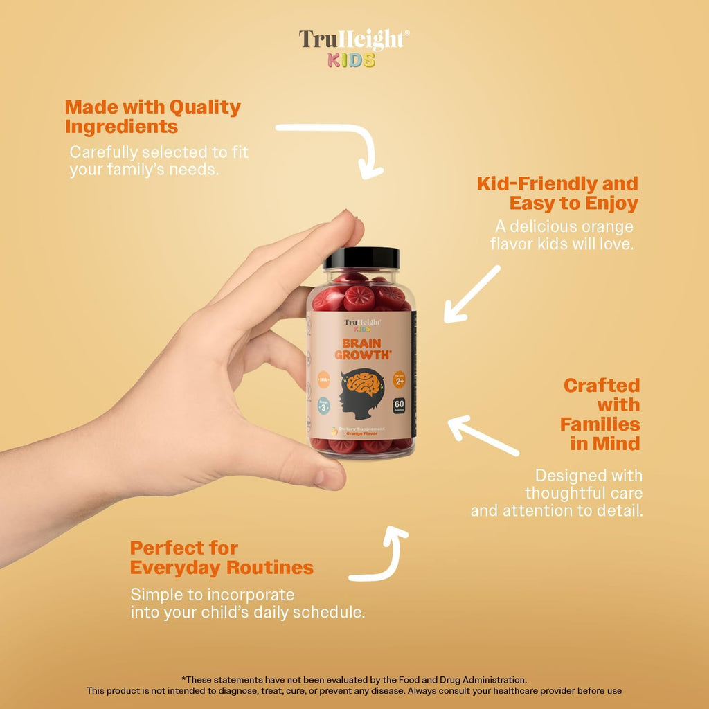 TruHeight Kids Brain Growth Gummies - Gominolas de Omega 3 para Niños (Naranja, 2+ Años)