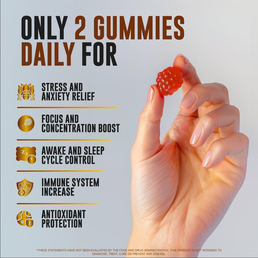 Ashwagandha Gummies para Hombres y Mujeres, Extracto Natural de Raíz de Ashwagandha 1500mg, 60 Gominolas
