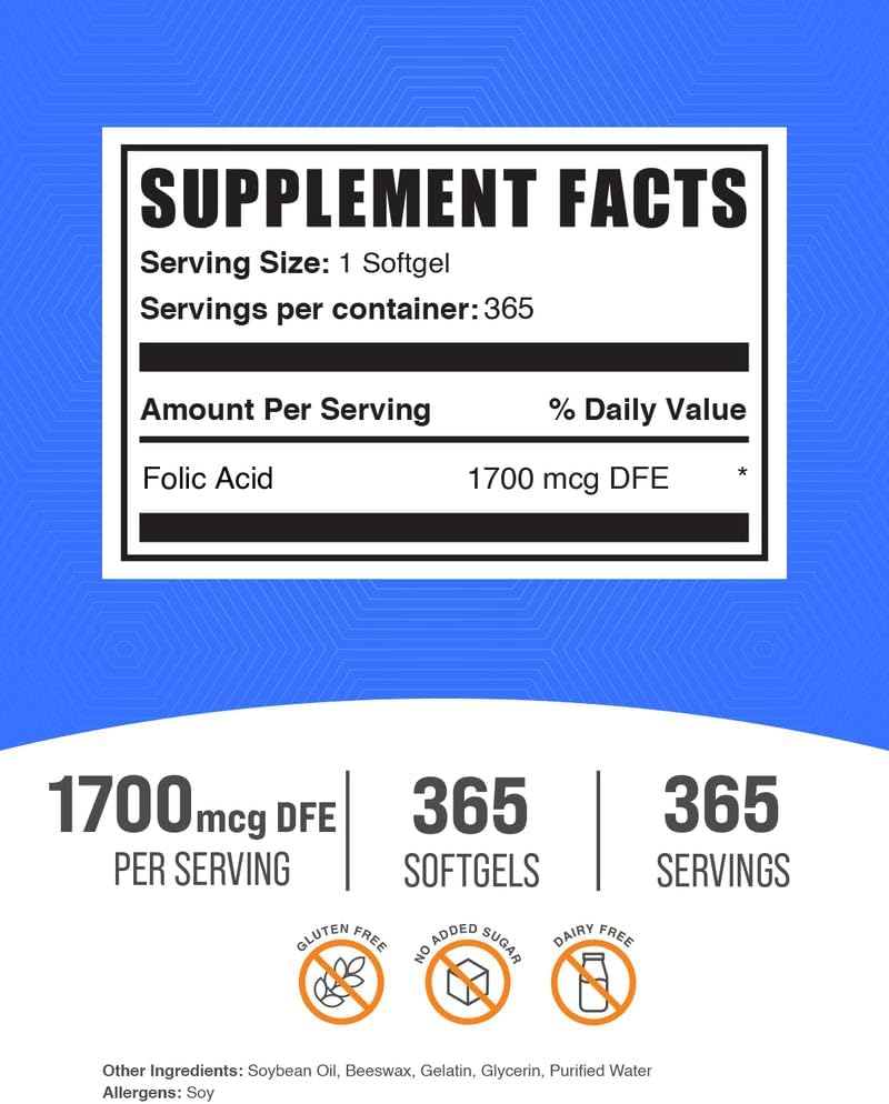 BulkSupplements Ácido Fólico Softgels - Vitamina B9, 1000 mcg, 365 Cápsulas
