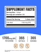 BulkSupplements Ácido Fólico Softgels - Vitamina B9, 1000 mcg, 365 Cápsulas