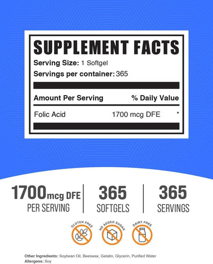 BulkSupplements Ácido Fólico Softgels - – Formación normal de células sanguíneas: Ayuda a mantener la producción – Image 2