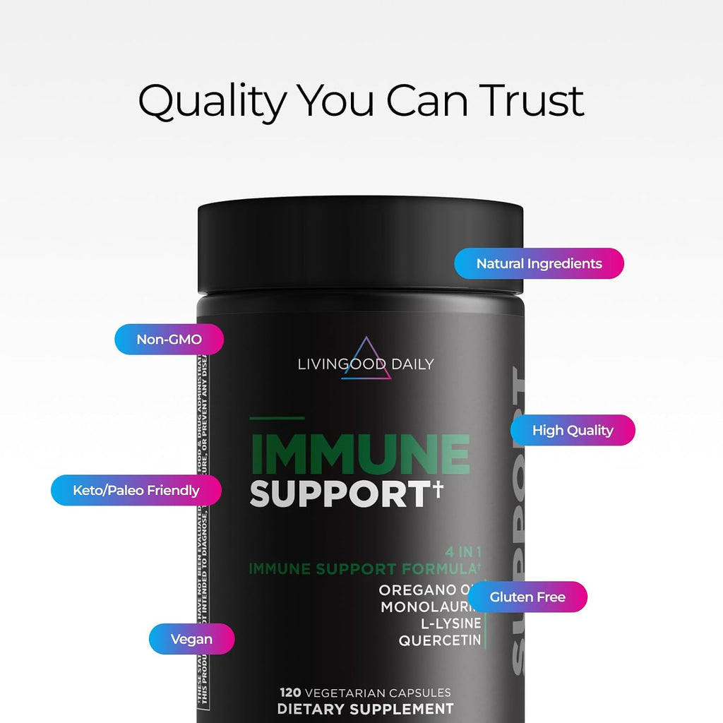 Livingood Daily Immune Support Supplement, 4 en 1 con Aceite de Orégano, Monolaurina, L-Lisina y Quercetina, 120 Cápsulas