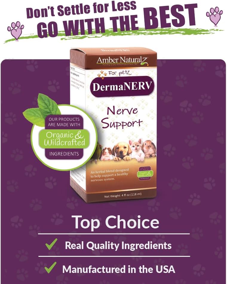 Amber NaturalZ DermaNERV Suplemento Herbal para Perros, Gatos, Aves, Cobayas y Conejos | Apoyo al Sistema Nervioso | Comportamiento Equilibrado | Funciones Nerviosas Saludables 118 ml