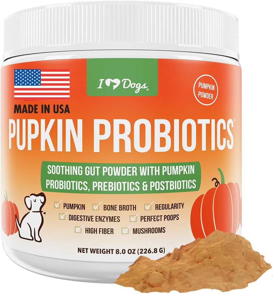 iHeartDogs Pupkin Probióticos, Prebióticos, Postbióticos y Fibra para Perros con Calabaza, Caldo de Huesos y Setas