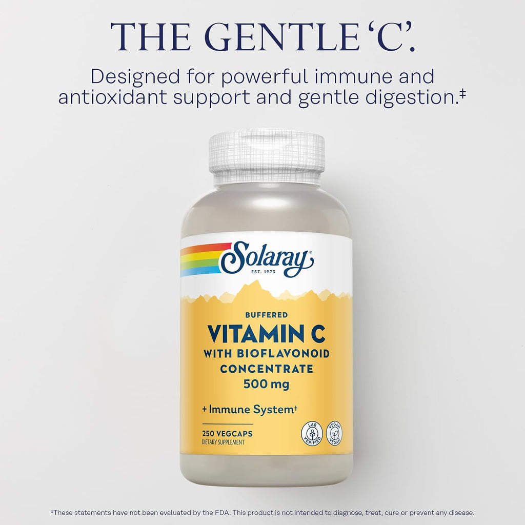 Solaray Buffered Vitamin C 500mg - with Bioflavonoids, Rose Hips and Acerola - 250 Vegan Capsules