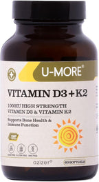U-MORE - 1000 IU Vitamina D3 & K2 (Menaquinona 7) - Sin Azúcar - 60 Cápsulas Blandas