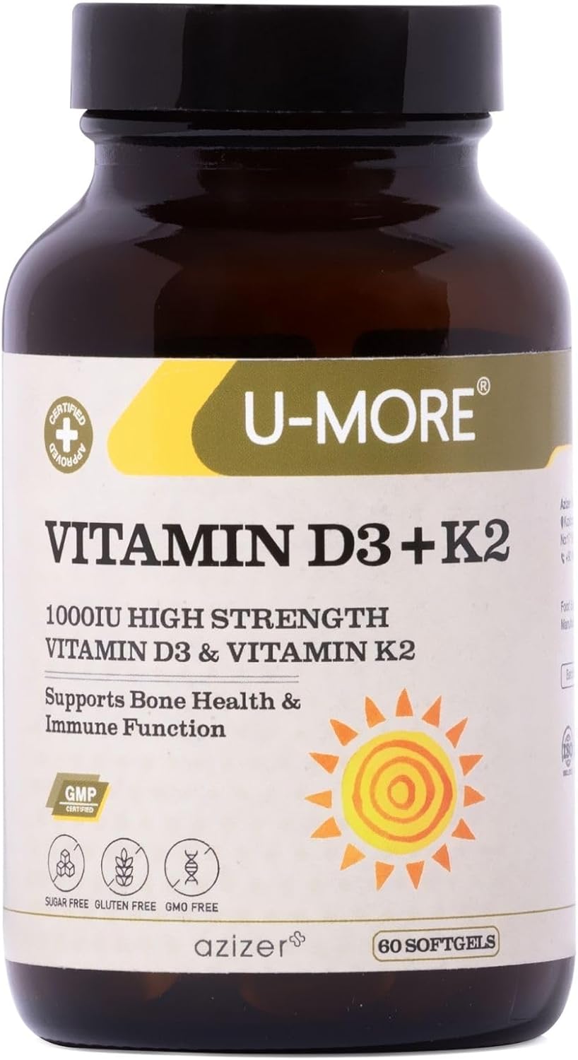 U-MORE - 1000 IU Vitamina D3 & K2 (Menaquinona 7) - Sin Azúcar - 60 Cápsulas Blandas