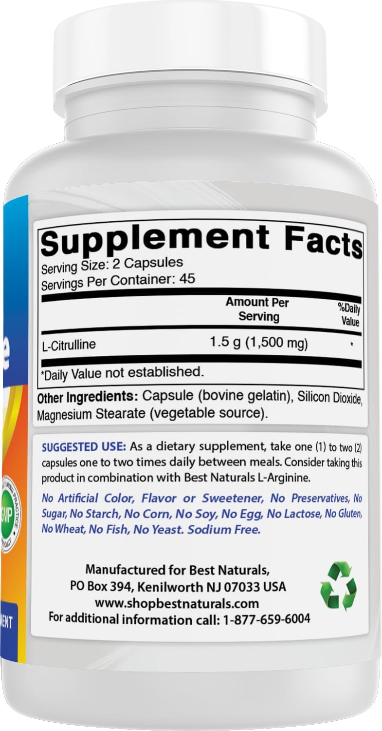 Best Naturals L-Citrulline Cápsulas - 1500mg/ración - No Transgénico - Sin Gluten - 90 Cápsulas