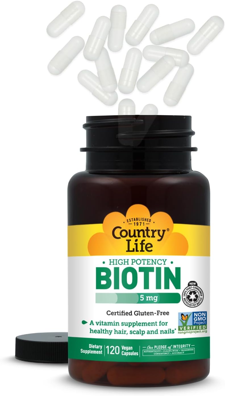 Country Life Biotina Alta Potencia 5 mg - 120 comprimidos - Sin gluten, vegano, sin OGM
