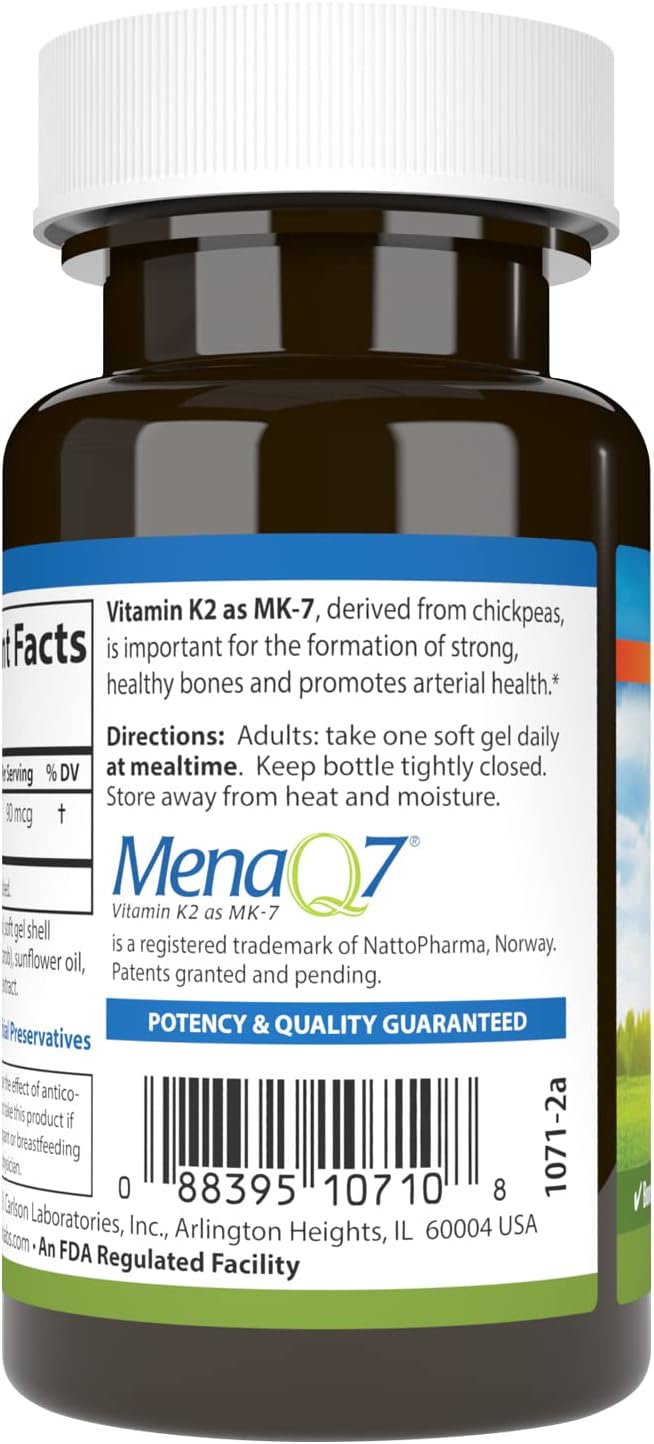 Carlson - Vitamina K2 MK-7 (Menaquinona), 90 mcg, Soporte Óseo, Biodisponibilidad del Calcio, Vitamina K-2, 60 Cápsulas Blandas