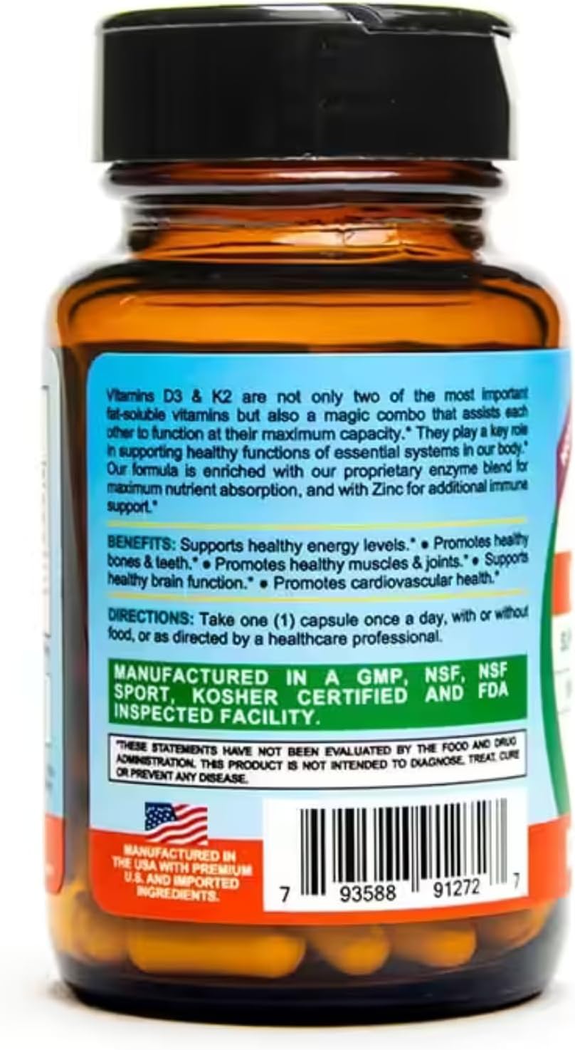 Life Infused Vitamina D3 + K2 con Zinc y Enzimas | 3000 UI D3, MK-7 K2 | 90 Cápsulas