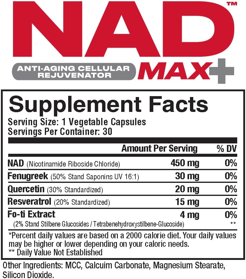 Metabolic Nutrition NAD MAX Plus+ 450mg de NAD + Fenogreco, Quercetina, Resveratrol y Extracto de Fo-ti para Rejuvenecimiento Celular, Apoya la Energía Celular, 30 Cápsulas Vegetales