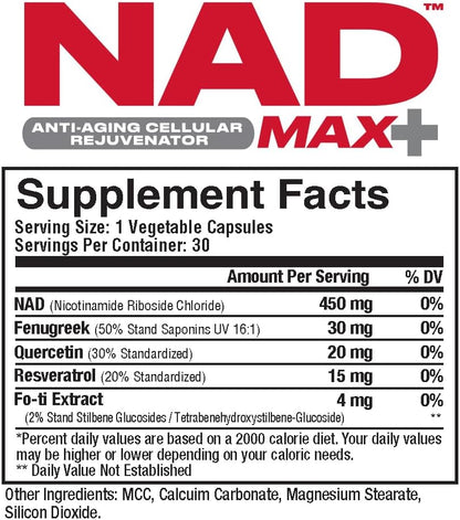 Metabolic Nutrition NAD MAX Plus+ 450mg de NAD + Fenogreco, Quercetina, Resveratrol y Extracto de Fo-ti para Rejuvenecimiento Celular, Apoya la Energía Celular, 30 Cápsulas Vegetales