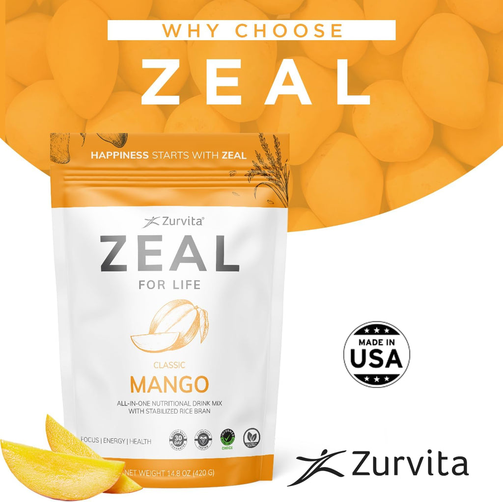 Zurvita Zeal for Life Wellness Drink Mix - Sabor Mango - Sin Gluten, Vegano, con Biotina, Vitaminas B12, C, D, E, Hierro, Magnesio - 30 Porciones (420g)