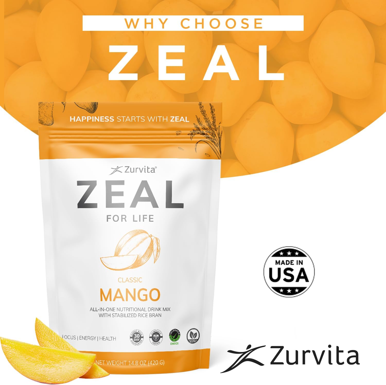 Zurvita Zeal for Life Wellness Drink Mix - Sabor Mango - Sin Gluten, Vegano, con Biotina, Vitaminas B12, C, D, E, Hierro, Magnesio - 30 Porciones (420g)