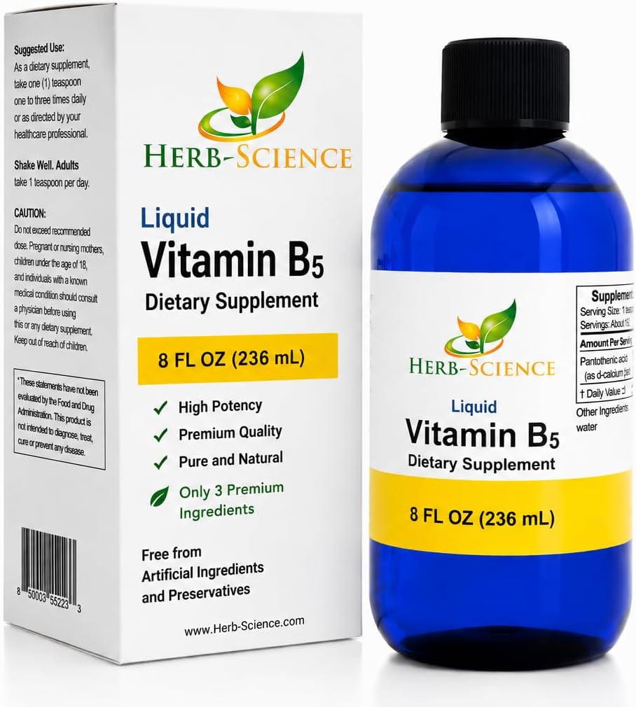 Líquido de Vitamina B5 (Ácido Pantoténico) – 192 Dosis – Alta Absorción – Vegano, Sin Alcohol, Sin OGM – 236 ml