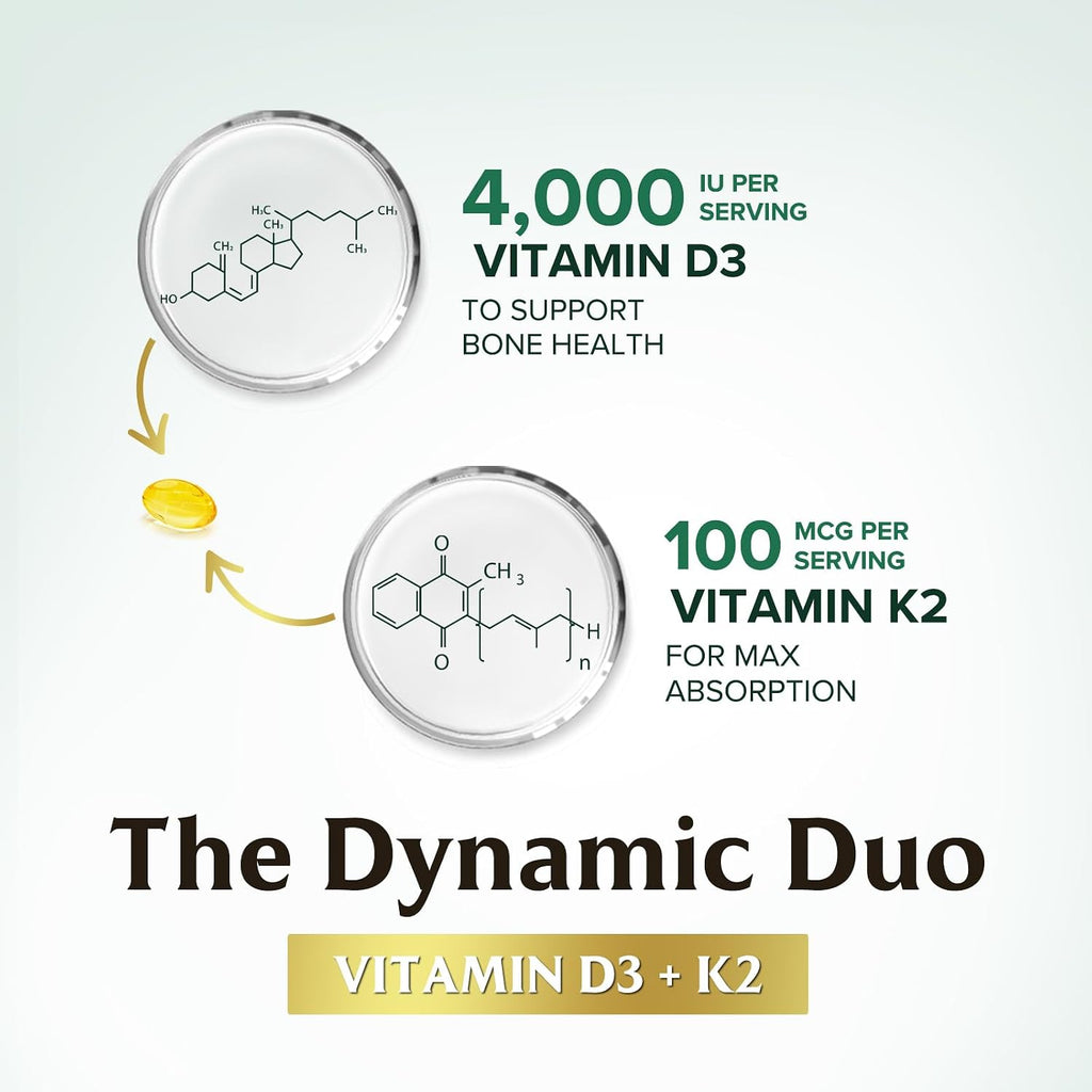 Vitamina D3 4000 UI y K2 100 mcg por Dosis - Suplemento Extra Fuerte para Huesos, Corazón y Músculos - Apoyo Inmune y Absorción de Calcio con Aceite de Oliva - Sin OGM - 120 Cápsulas Blandas