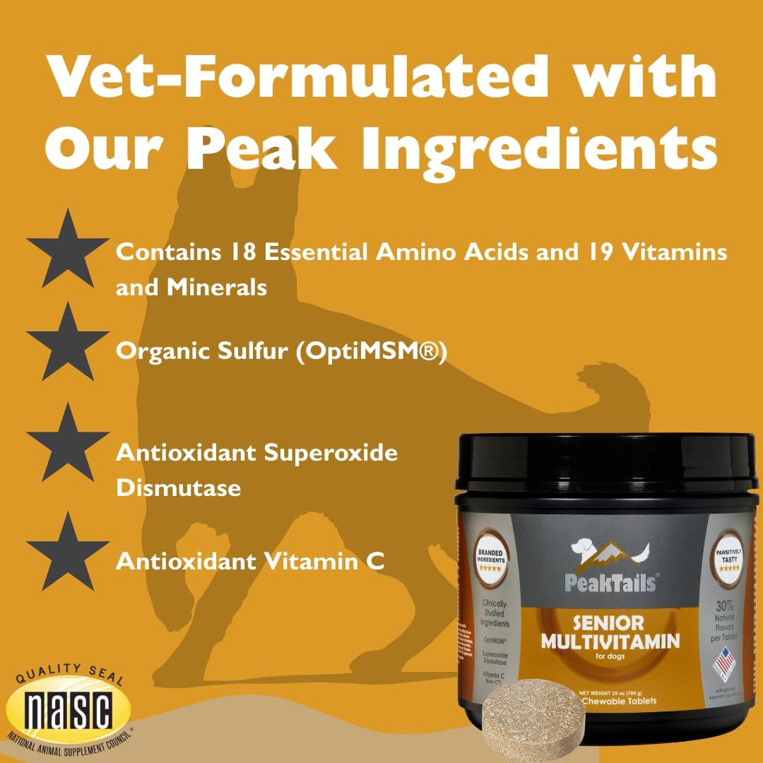 PeakTails Senior Multivitamin para Perros – 350 Comprimidos Masticables con MSM y Superóxido Dismutasa