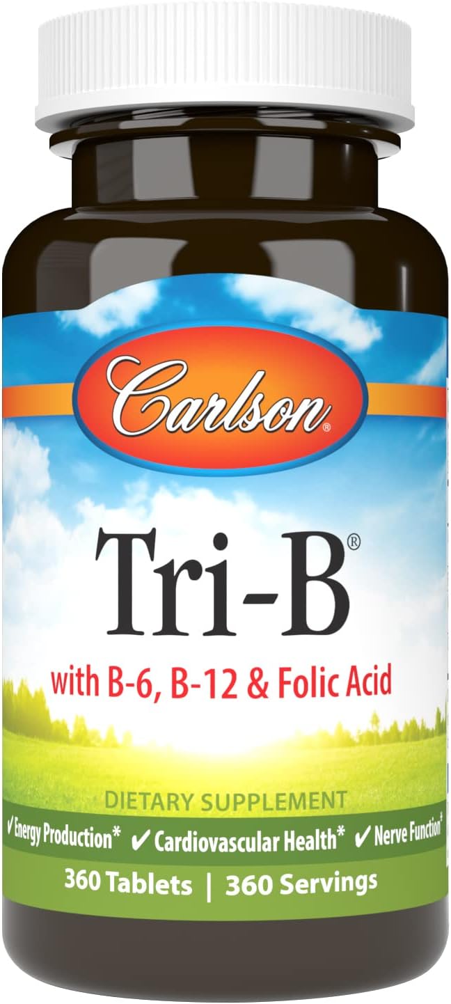 Carlson Tri-B Complejo de Vitamina B - 25 mg B6, 400 mcg B12, Ácido Fólico - 120 Comprimidos