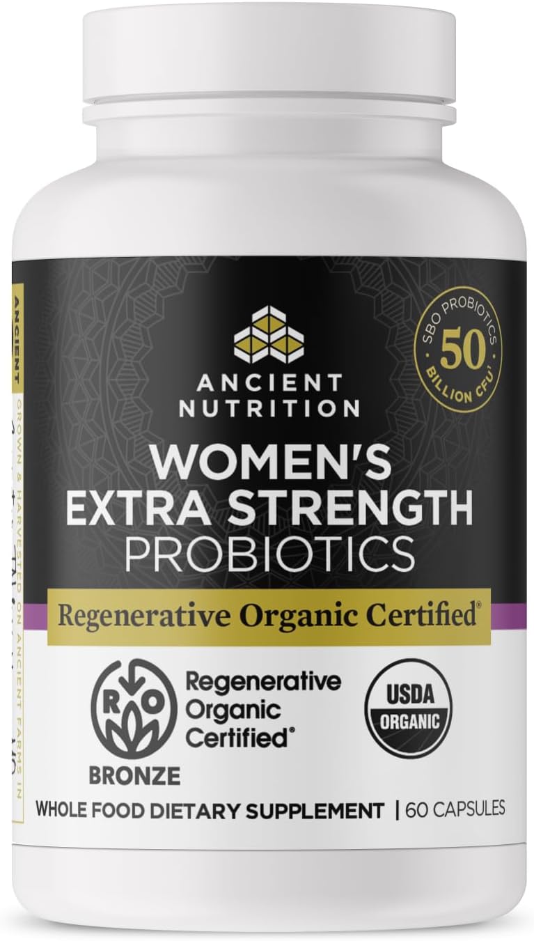 Ancient Nutrition Probióticos para Mujeres Extra Strength, Certificado Orgánico Regenerativo, 60 Cápsulas