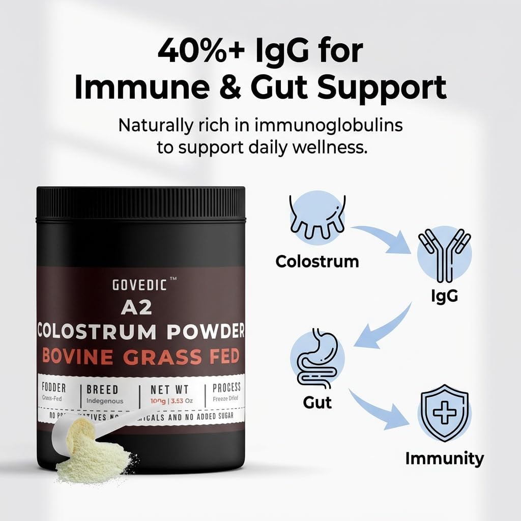 govedic Polvo de Calostro Bovino para Adultos — Vacas A2 Alimentadas con Pasto, 40%+ IgG | Salud Intestinal, Apoyo Inmunológico y Recuperación Muscular | Sin Sabor | 50 Porciones