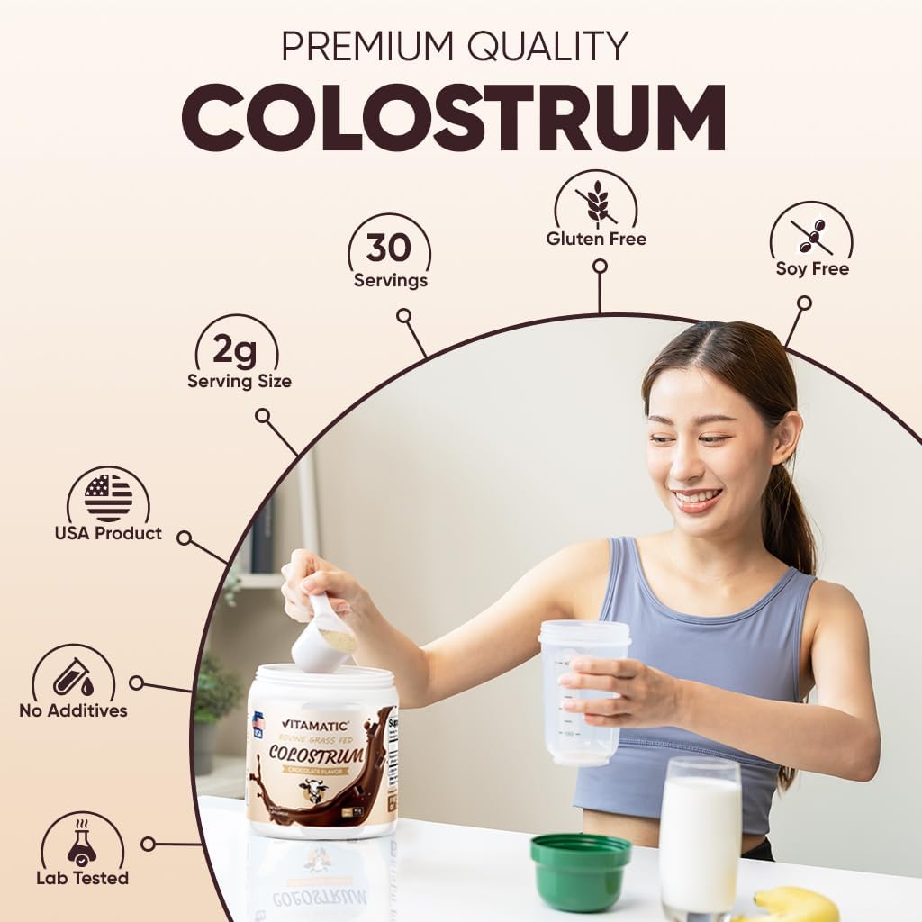 Polvo de Calostro Bovino Vitamatic - Suplemento para la Salud Intestinal, Inmunidad y Recuperación - 81 Gramos - 30 Dosis (Sabor Chocolate)