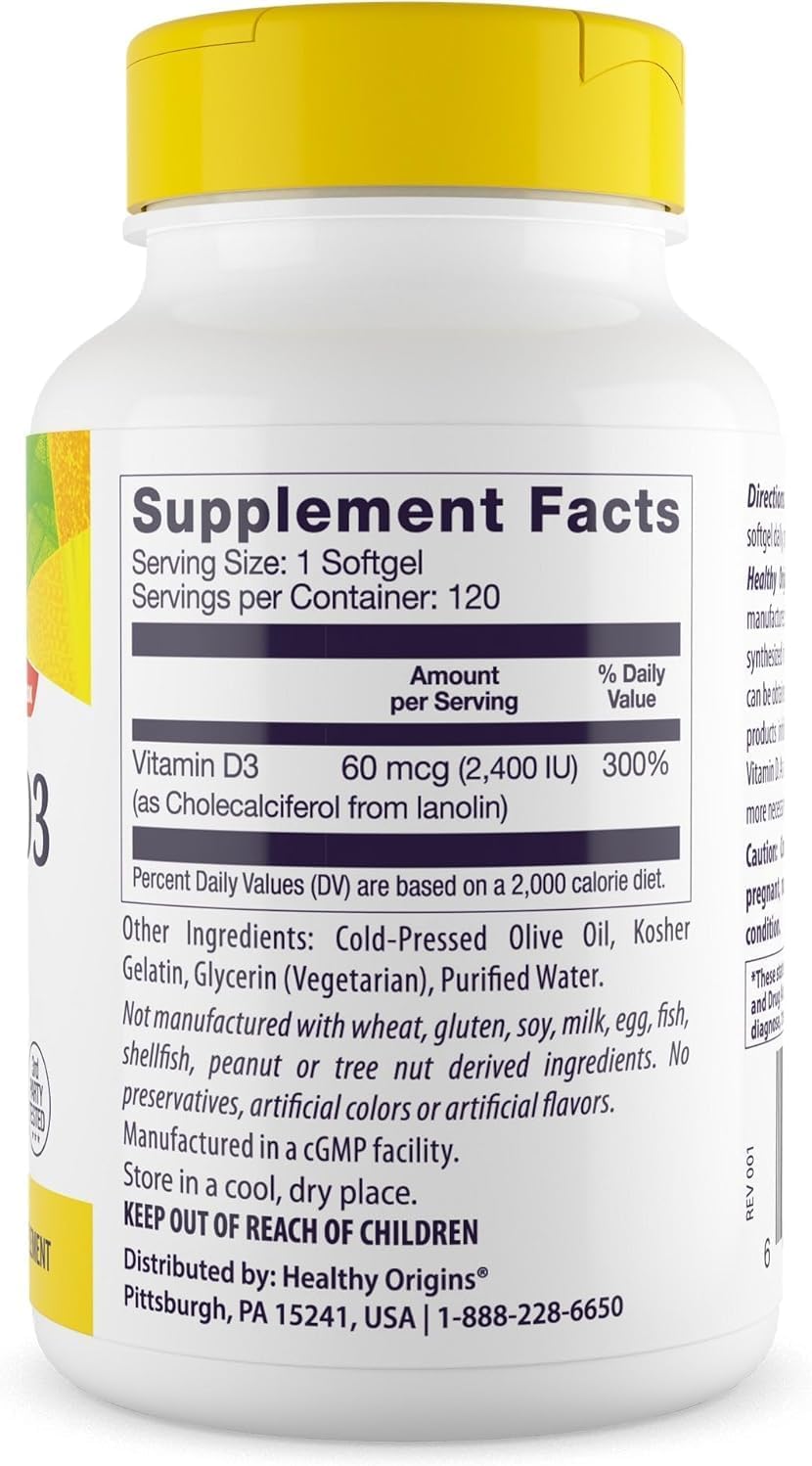 Healthy Origins Vitamina D3 2400 UI - 120 Cápsulas Blandas de Lanolina