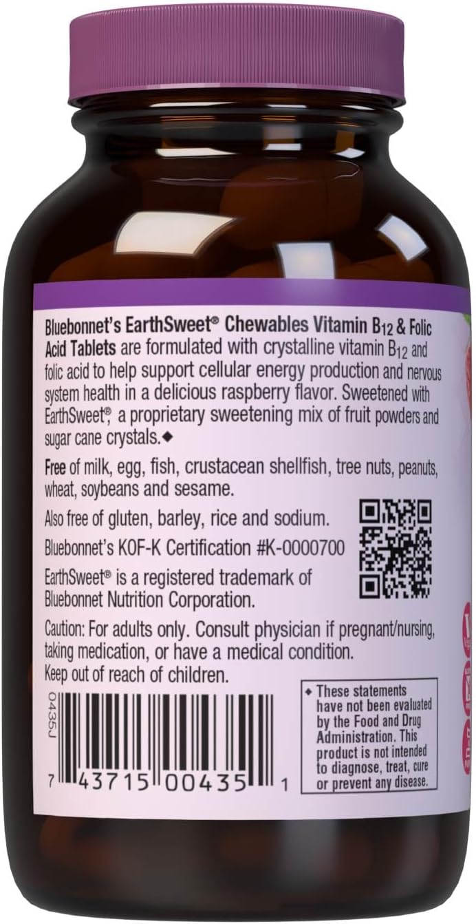 BlueBonnet Nutrition Earth Sweet Vitamina B12 1000 mcg + Ácido Fólico 400 mcg - Comprimidos Masticables sabor Frambuesa - 180 unidades