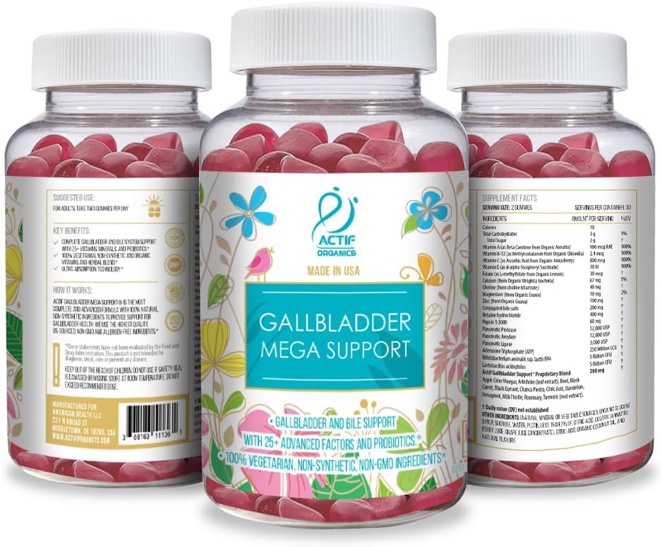ACTIF Apoyo Mega para la Vesícula Biliar con 25+ Factores, 10 Mil Millones UFC Probióticos, Sales Biliares – 60 Gominolas, Sabor Fresa