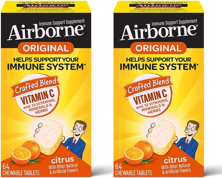 Airborne Vitamina C 1000mg (por ración) - Comprimidos Masticables Sabor Cítricos (64 uds) - Pack de 2, Suplemento Sin Gluten con Vitaminas A, C, E, Zinc, Selenio, Equinácea y Jengibre