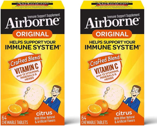 Airborne Vitamina C 1000mg (por ración) - Comprimidos Masticables Sabor Cítricos (64 uds) - Pack de 2, Suplemento Sin Gluten con Vitaminas A, C, E, Zinc, Selenio, Equinácea y Jengibre