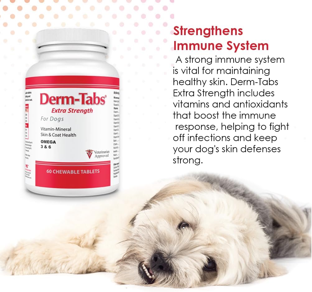 Derm-Tabs Extra Strength Suplemento para Piel y Pelaje para Perros - Omega 3 y 6, Vitaminas, Minerales y Antioxidantes - 60 Comprimidos Masticables