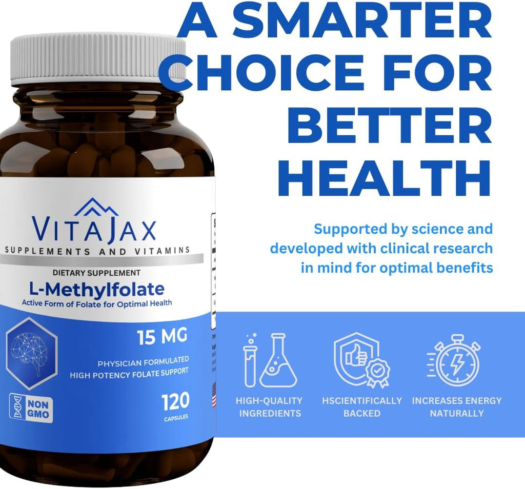 L-Metilfolato 15 mg | 120 Cápsulas | Potencia Máxima | Folato Activo | Sin Gluten | VITAJAX