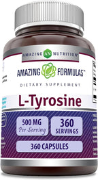 Amazing Formulas L-Tirosina 500 mg Cápsulas - Suplemento de Aminoácido (3 Envases | 180 Cápsulas)