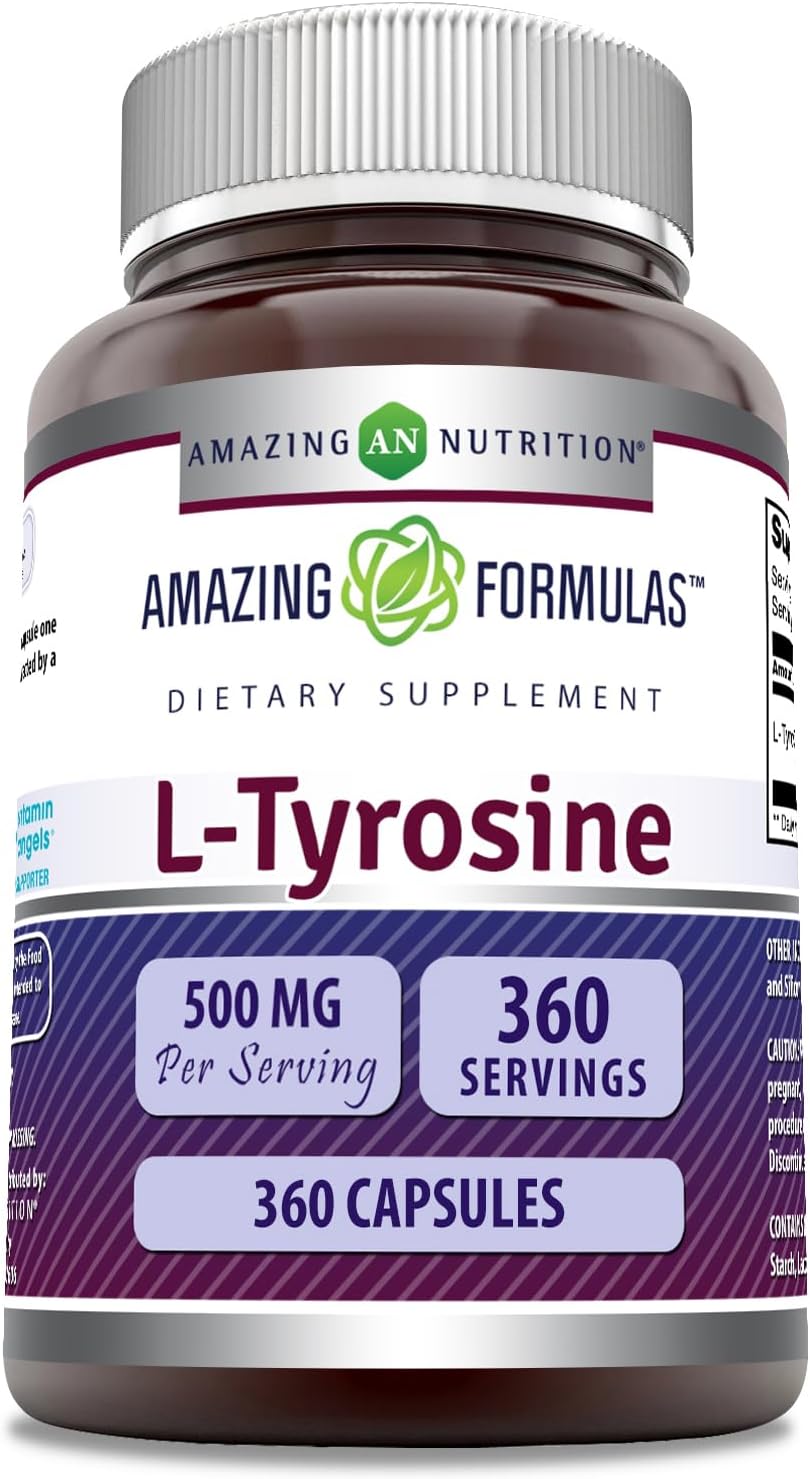 Amazing Formulas L-Tirosina 500 mg Cápsulas - Suplemento de Aminoácido (3 Envases | 180 Cápsulas)