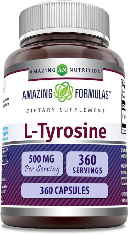 Amazing Formulas L-Tirosina 500 mg Cápsulas – No transgénico : formulado sin organismos genéticamente modificados. – Image 1
