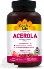 Country Life Acerola Vitamin C Complex 500mg, Obleas Masticables Sabor Baya con Bioflavonoides Cítricos y Escaramujo - 90 Obleas