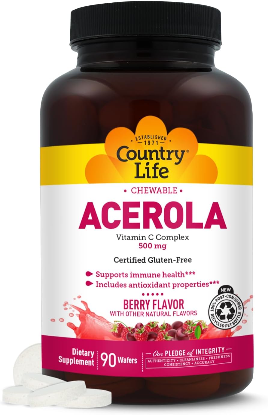 Country Life Acerola Vitamin C Complex 500mg, Obleas Masticables Sabor Baya con Bioflavonoides Cítricos y Escaramujo - 90 Obleas