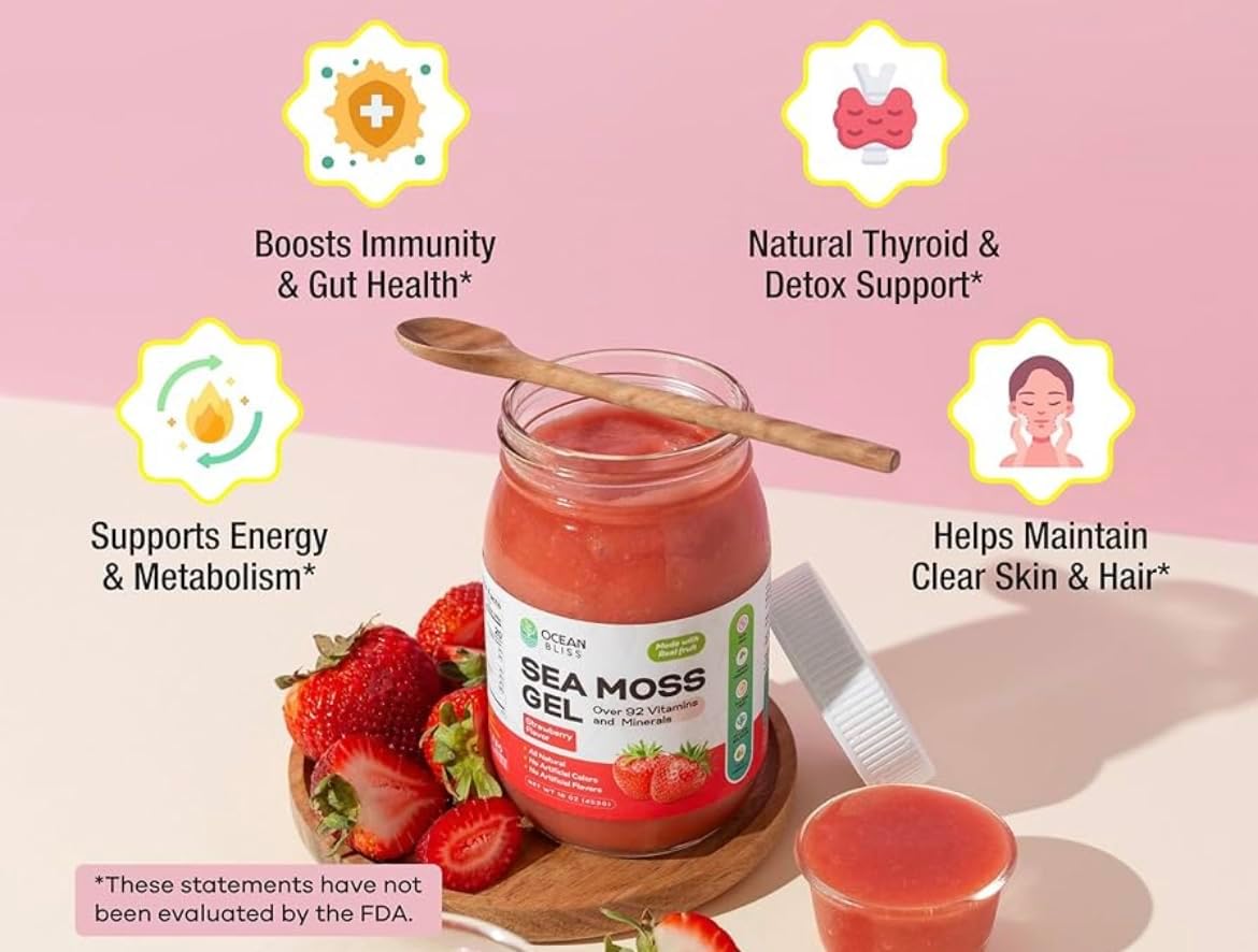 Sea Moss Gel Silvestre con Fresa Orgánica | 92+ Vitaminas y Minerales | Vegano, Sin Gluten | Ocean Bliss - 473 ml
