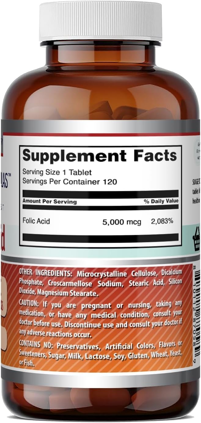 Amazing Formulas Ácido Fólico 5000 mcg por dosis | Complemento alimenticio en comprimidos | No transgénico, sin gluten | Fabricado en EE. UU. (Paquete de 3 | 120 comprimidos cada uno)