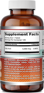 Amazing Formulas Ácido Fólico 5000 mcg por dosis | Complemento alimenticio en comprimidos | No transgénico, sin gluten | Fabricado en EE. UU. (Paquete de 3 | 120 comprimidos cada uno)