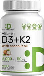 DEAL SUPPLEMENT Vitamina D3 2.000 UI + K2 MK7 50 mcg Softgels | Complejo 2 en 1 con Aceite de Coco Virgen