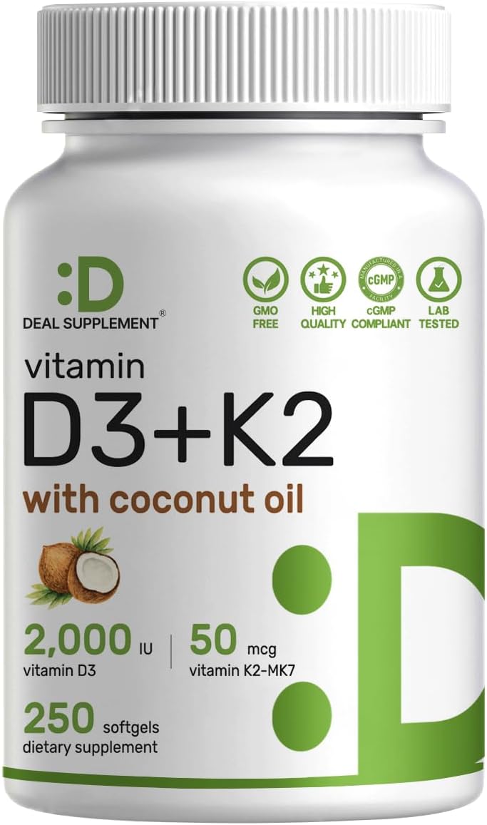 DEAL SUPPLEMENT Vitamina D3 2.000 UI + K2 MK7 50 mcg Softgels | Complejo 2 en 1 con Aceite de Coco Virgen