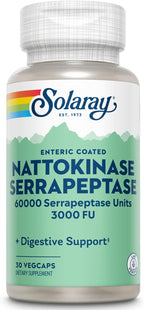 SOLARAY Nattokinase Serrapeptase - Recubrimiento Entérico - 3000 FU Nattokinasa, 30 mg Serrapeptasa - 30 Cápsulas Vegetales