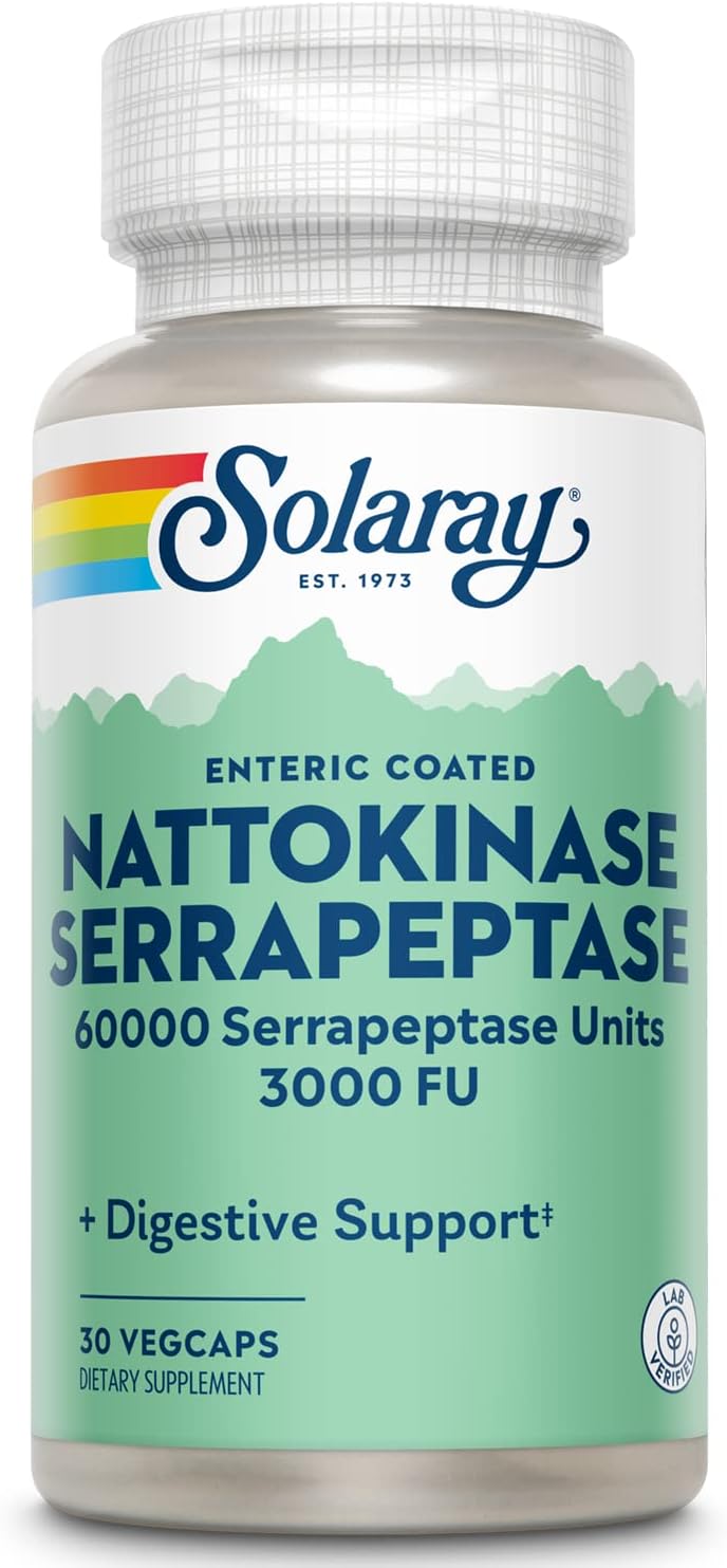 SOLARAY Nattokinase Serrapeptase - Recubrimiento Entérico - 3000 FU Nattokinasa, 30 mg Serrapeptasa - 30 Cápsulas Vegetales