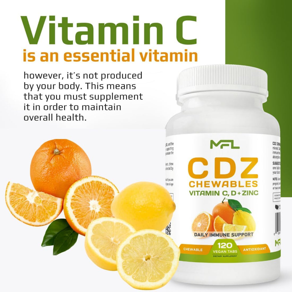 MUSCLE FOOD LABS C D Z Chewables - Vitamina C 1000 mg, Vitamina D3 y Zinc - 120 Comprimidos Masticables Vegetarianos