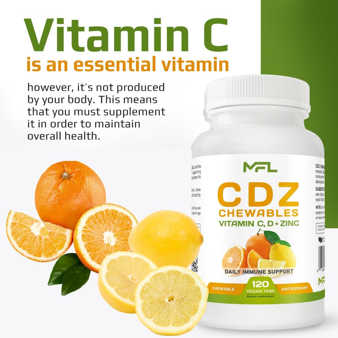 MUSCLE FOOD LABS C D Z Chewables - Vitamina C 1000 mg, Vitamina D3 y Zinc - 120 Comprimidos Masticables Vegetarianos
