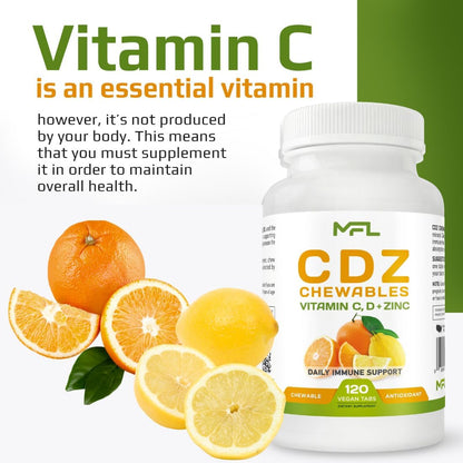 MUSCLE FOOD LABS C D Z Chewables - Vitamina C 1000 mg, Vitamina D3 y Zinc - 120 Comprimidos Masticables Vegetarianos – Image 6