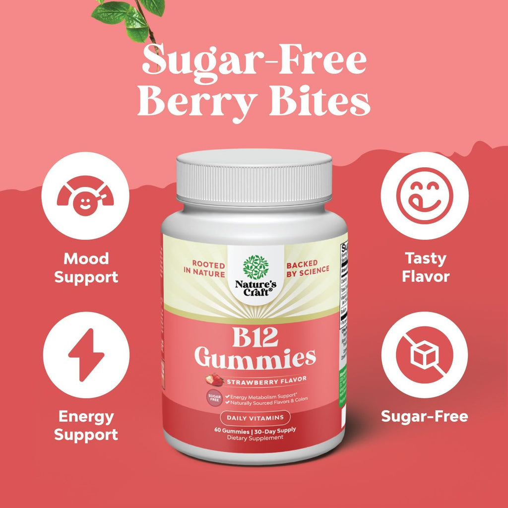 Gominolas de Vitamina B12 para Adultos - Sin Azúcar, 1000 mcg por Ración - Suplemento para Energía, Estado de Ánimo, Sistema Inmune y Nervioso - Kosher, No GMO, Sin Gluten - 60 Gominolas
